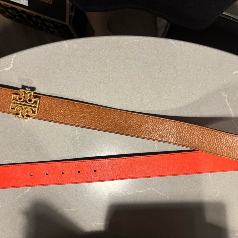 Tory Burch Tan and Red Leather Belt with Gold Buckle